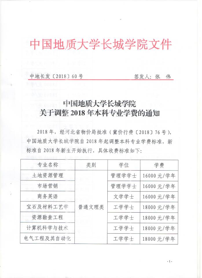 關(guān)于調(diào)整2018年本科專業(yè)學(xué)費(fèi)的通知